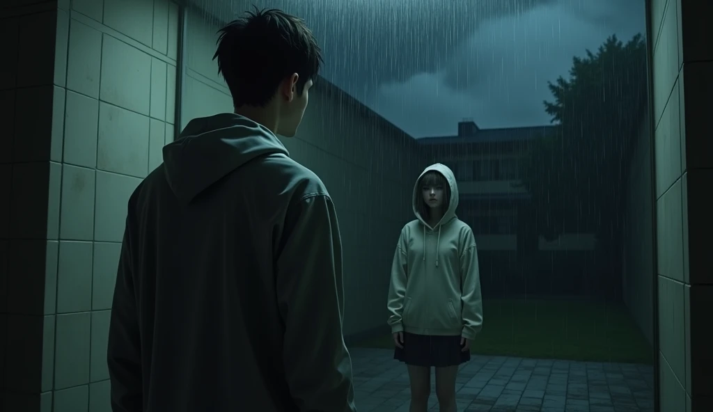 On a pitch-black night, a multitude of dark clouds covered the upper part of a university campus. In a bathroom near a building, water stains clung to the mirror. A tall, slender young man with short dark hair, wearing a raincoat and a white shirt underneath, was looking at the mirror. After a moment, a woman appeared behind him. She wore a hoodie over a white collared shirt and a black skirt, with shoulder-length black hair. She stared at the same mirror. Her hair and the hoodie covered her face, making it impossible to see her true face.