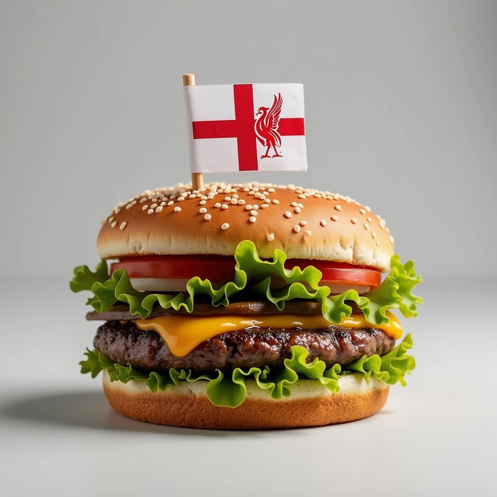 Hamburger with Liverpool flag On top of the front of the bread