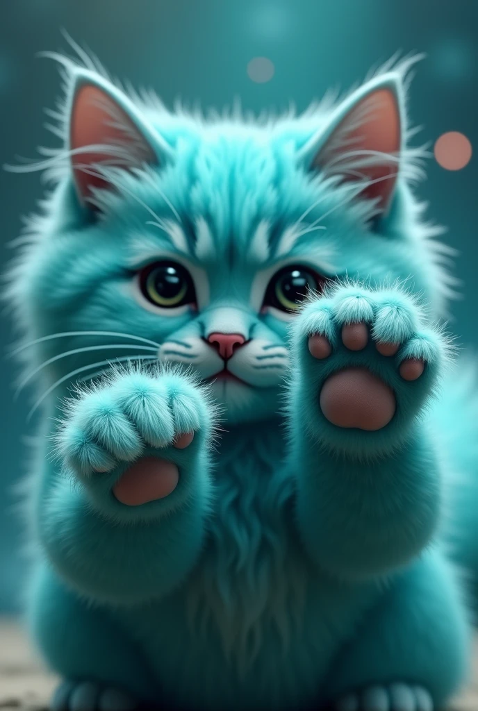 create a turquoise cat, realisitic, fluffly, he has his paws in front, leaning on the image, the paws are in front, zoom na pata, the paws touch the camera lens, super zoom na pata,  the paws are touching the glass, the paw leans against the window, the cat&#39;s face is blurred, the cat is behind, blurred in the background, nblurry background, gato fluffly, glad, super realisitic, high realism,  the background is turquoise galaxy