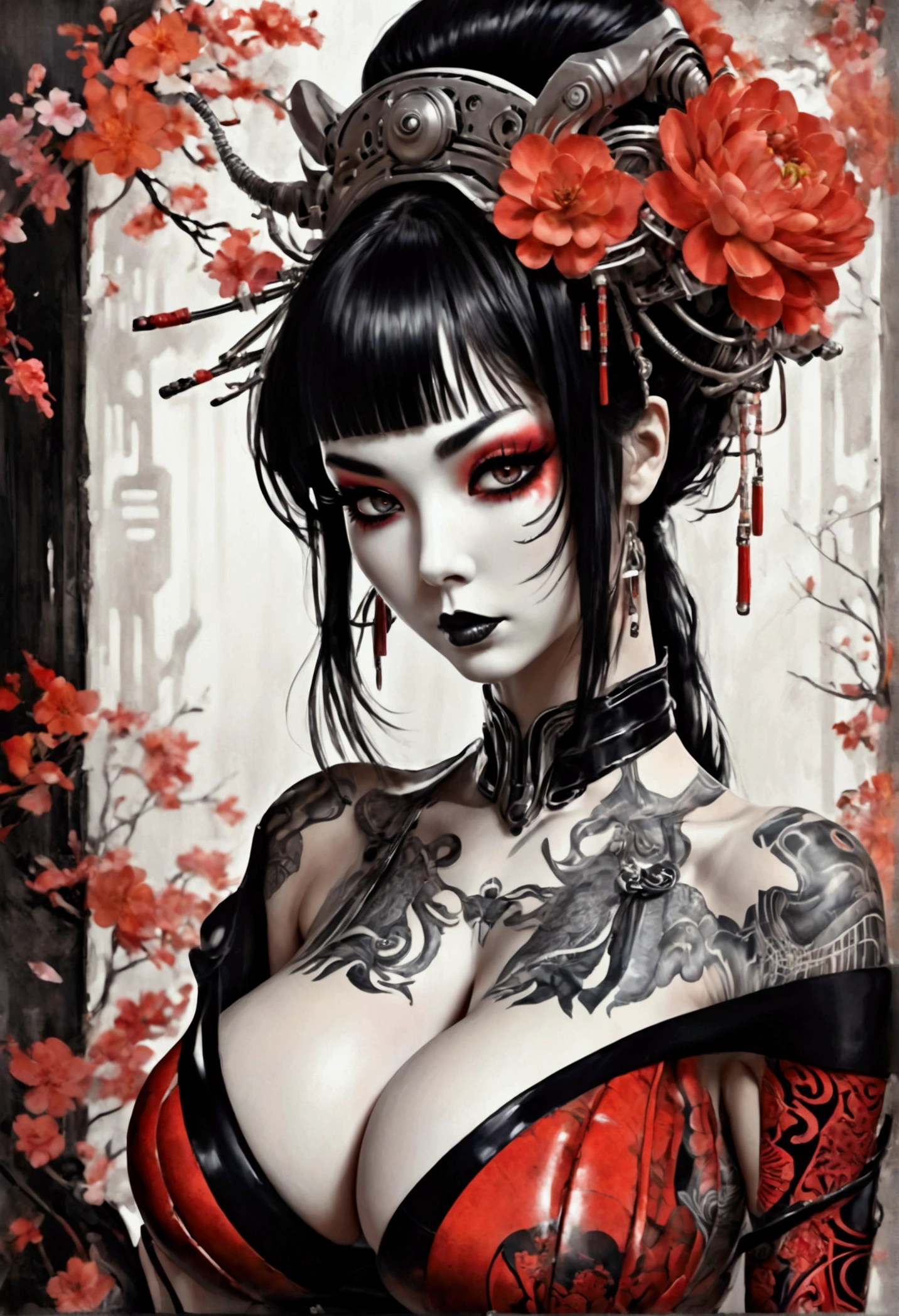 Stunningly gorgeous beautiful perfect hr giger inspired inspired tattooed sexy seductive lulu Geisha , perfect face, hyper detailed vibrant eyes, large breasts, full body view, nude, no color black and gray only,
