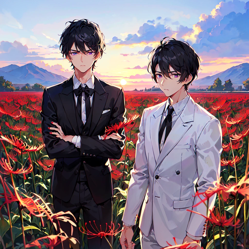 masterpiece,best quality,high quality,(1male austere handsome solo adult age 30 years old:1.5), purple eyes, cool with suspended eyes, V-shaped eyebrows, body strong and fearless 8.5 head tall, height 185cm, (well-groomed black short hair down to neck:1.4), (bangs 7 thirds parted:1.4), slender nose, facial muscles, throat, (black suit black tie black pants:1.3), (standing:1.3), (stylish pose), (cool sad expression:1.3), (Red spider lily flower field:1.3) , (sunrise:1.3), (upper body:1.3)