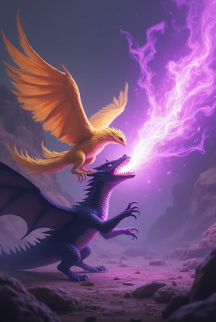A small dragon of darkness launching an impressive attack from a distance of purple fire from its mouth towards a phoenix of golden flames 