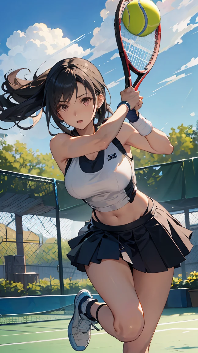 ((best quality)), ((masterpiece)), (detailed), Create a highly detailed image of a tennis player inspired by Tifa Lockhart from the RPG series Final Fantasy. The character should have long, flowing black hair, expressive eyes, and a strong yet feminine physique. She is wearing a modern tennis outfit, with a sleeveless white top, a short skirt, and tennis shoes, all reminiscent of Tifa's iconic style. The scene is set on a sunlit outdoor tennis court, with dynamic action as she prepares to hit the ball, showcasing her agility and strength. The background includes a vibrant blue sky and a few clouds, adding a sense of energy to the scene, Tennis racket, tennis ball