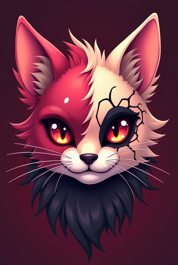 I want an icon, half face of a dark pink fur cat, long and sharp mustaches, the other half of the face should be a paler pink. The eye on the pale pink side will be black, and a spider web path will form from it that extends across half of the face, the other half has red eye, Now it looks more comical/cartoon, Remember, left side pale pink, right side dark pink, the red background, conserva el estilo cartoon pero elimina el hacerlo divertido, that inspires mysticism and elegance, takes reference from arachne Gorgon, make the cat more imposing
