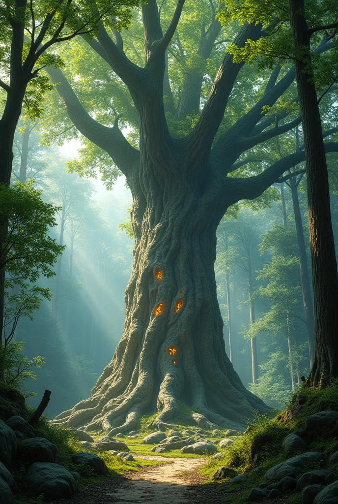 a large ancient magical tree in realistic design right in the middle of the forest