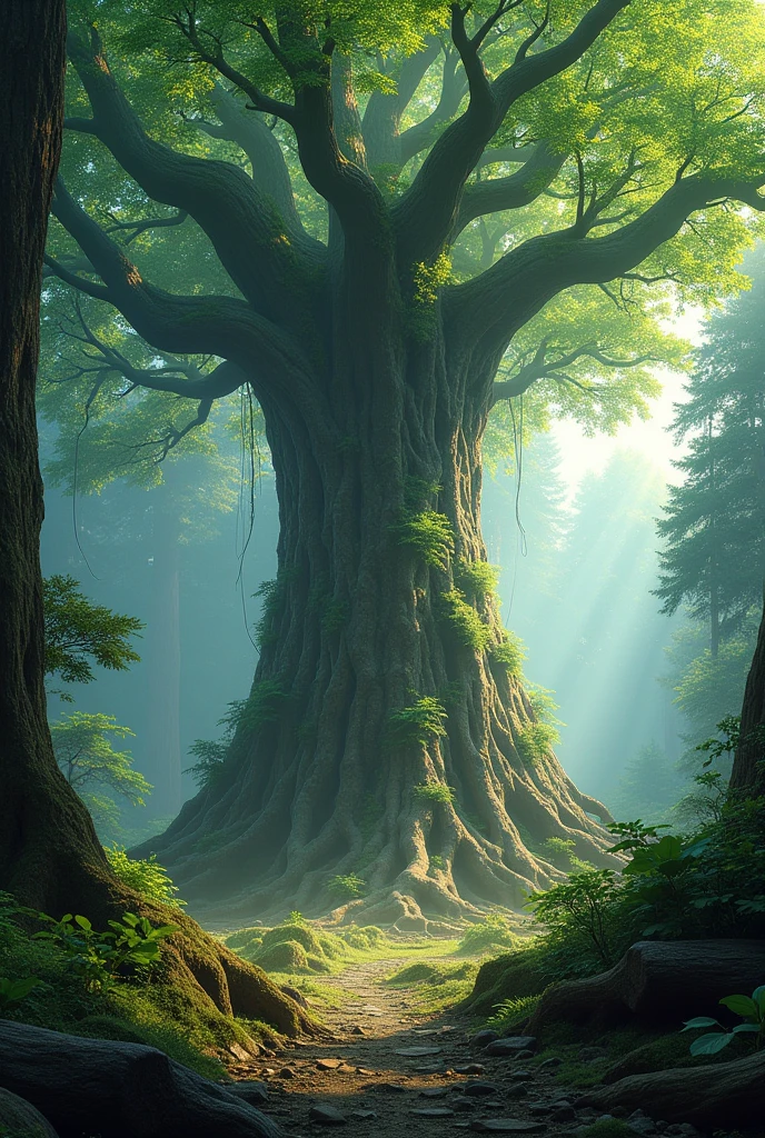 a large ancient magical tree in realistic design right in the middle of the forest