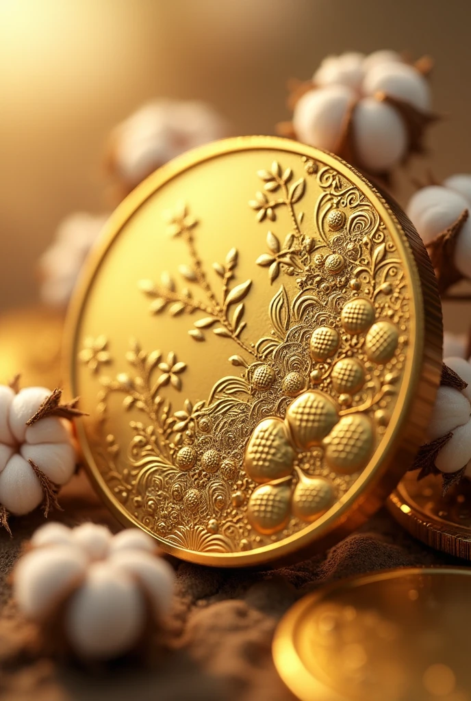 GOLD COIN with cotton printed on the coin,all in GOLD, marginless coin
