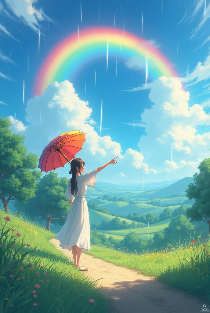 rain,bright,woman,White dress,Pointing to an umbrella,Grass,nature,rainbow,Country Road,Fantasy,Colorful,Anime Style,Makoto Shinkai style