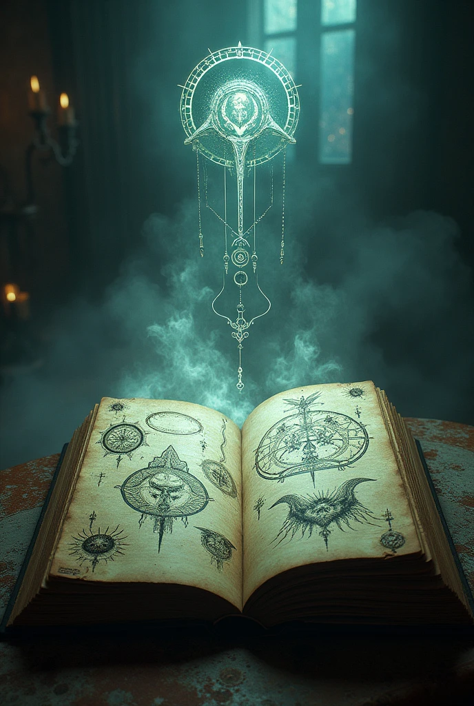 Open notebook where strange symbols and images come out.