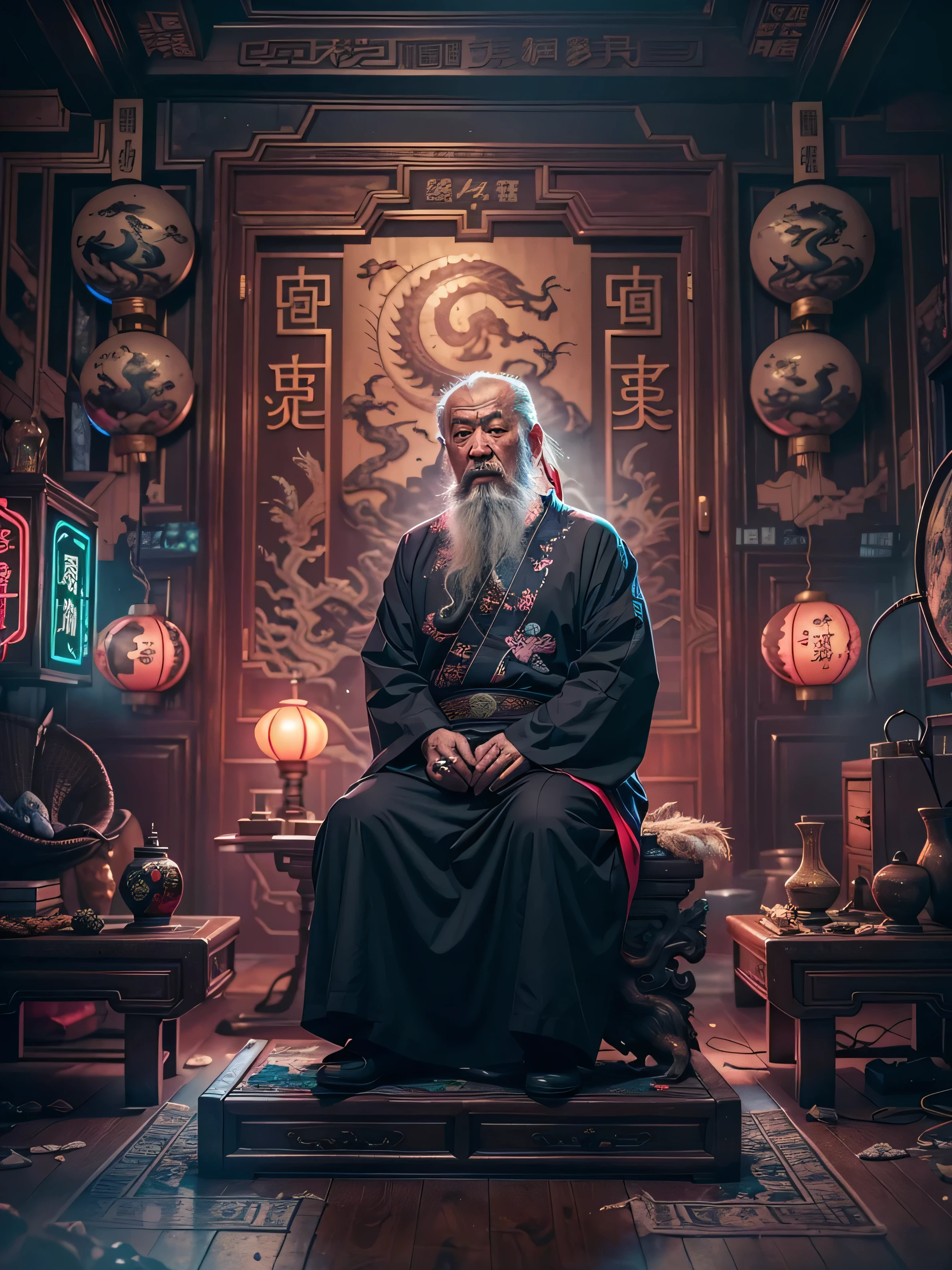 (((Masterpiece))), Best Quality,realistic perspective, High-resolution photograph,realistic details,sharp focus, A mysterious and wise old Chinese man with a long white beard sits in a small, dimly lit room. The room is decorated in a Chinese cyberpunk style, blending traditional elements like yin-yang symbols and dragon motifs with futuristic, neon-lit cyberpunk interior design. The atmosphere is mystical and shady, with hints of magic in the air. The man wise chinese man is in thinking, exuding an aura of deep wisdom and hidden knowledge(extremely intricate:1.3),4k, 8k