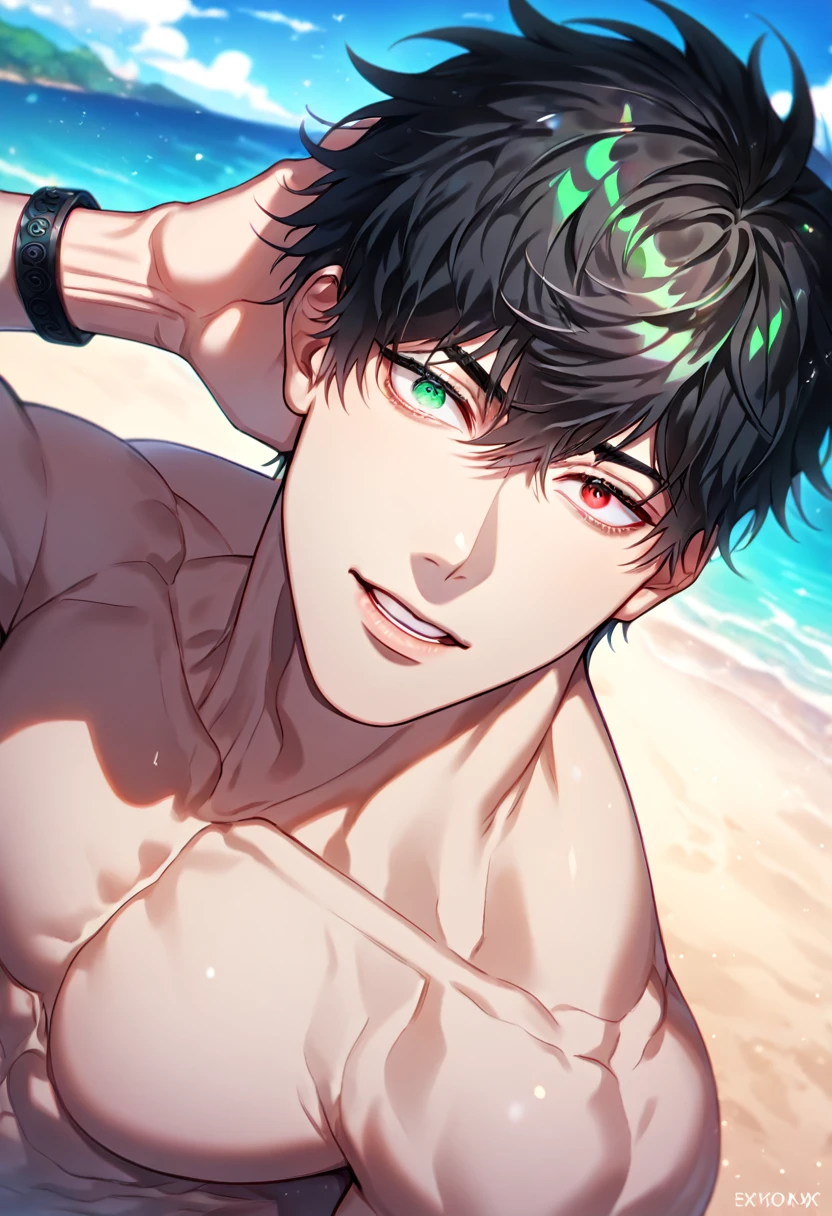 absurdres, highres, ultra detailed, HDR) master piece, best quality, extremely detailed, detailed eyes, delicated features, Kang Woojin, black hair, messy hair, heterochromia, expressive right red eye, expressive left green eye, hair between the eyes, Love Jinx, solo, sexy man, handsome, manly man, sensual, adult face, erotic, black bracelet, sea, beach, blue sky, Jujutsu Kaisen