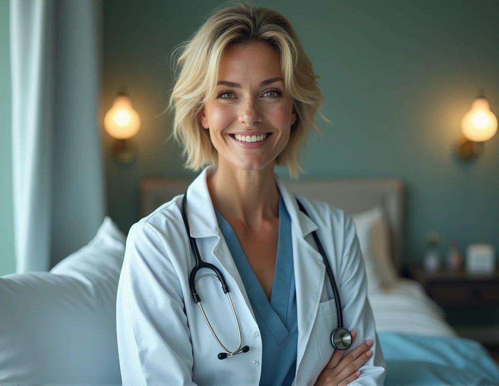 A captivating Caucasian woman with a radiant complexion and natural smile, aged 40. she has a few wrinkles and brown eyes. she's blonde, her cropped hair framing her heart-shaped face. Her symmetrical eyes sparkle with warmth. she has large breasts. 
sexy doctor outfit, beautiful face, stethoscope, big hips, sweet smile, sweet face, hospital, sit on bed

Soft ambient lighting accentuates the texture of her flawless skin, reminiscent of Sandra Bullock's porcelain doll features.