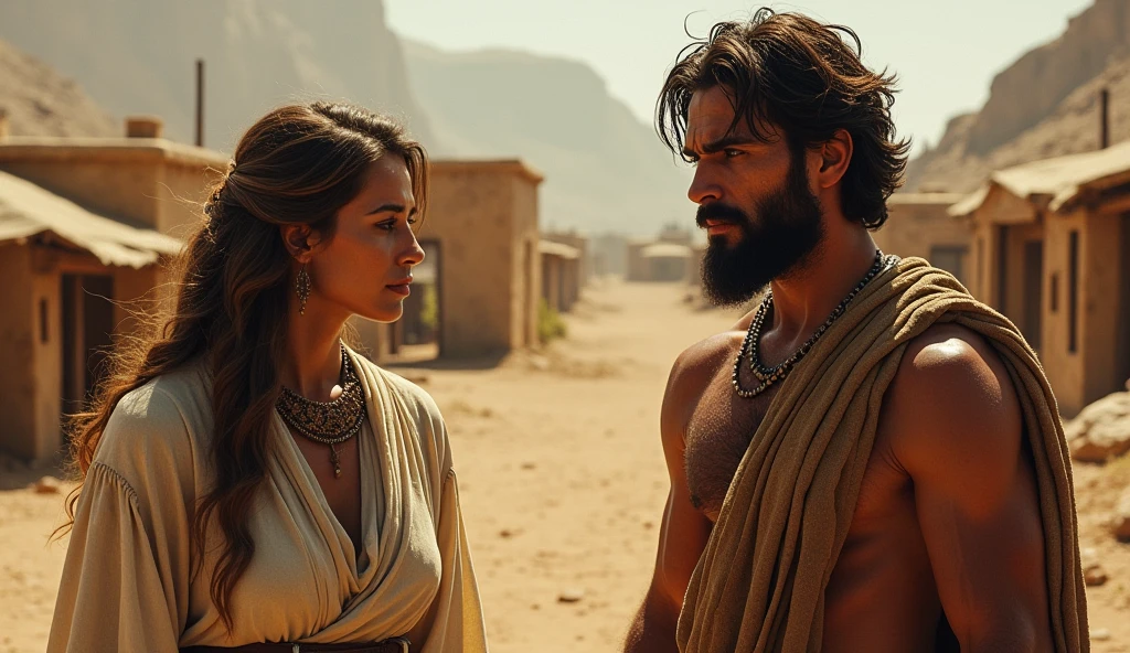 An ancient biblical scene featuring the wife of Cain in a rugged, desert-like setting. She stands beside Cain, whose face is marked by deep regret and sorrow. The woman's expression is a blend of compassion and anxiety, reflecting her struggle with the decision to stay by his side. The landscape is barren, with simple structures in the background, and the lighting is dramatic, emphasizing the somber mood of the moment.