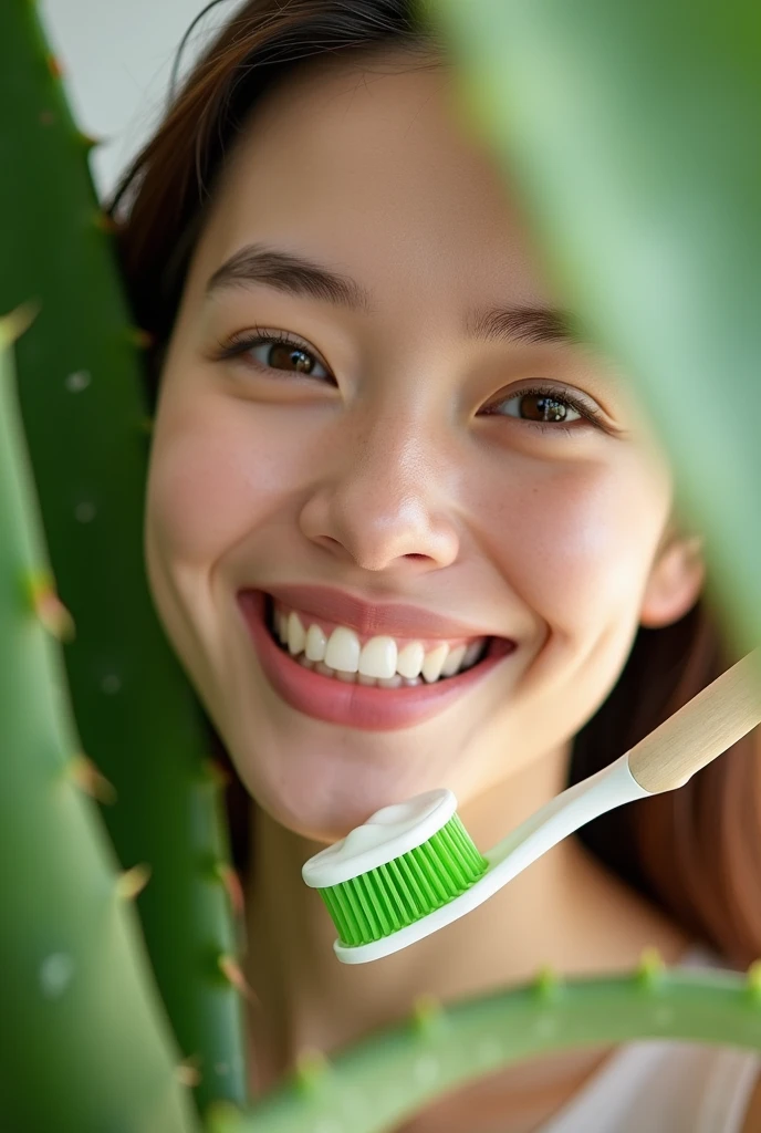 Smiling face: A person (woman or man) who is smiling with his/her teeth white and shining, in such a way that his/her smile is clean and full of confidence.
Aloe Vera Leaves: Lush green Aloe Vera leaves can be shown to show the freshness of Aloe Vera and its natural properties.
Toothbrush and Aloe Dental Cream: A glimpse of Aloe Dental Cream on a toothbrush, ready to use, to demonstrate proper use of the product.
Healthy gums: A close-up image showing healthy and pink gums