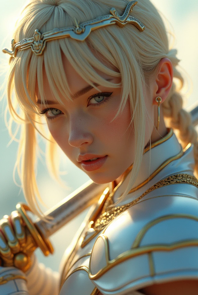 a close up of a person holding a sword, a raytraced image, by Luis Miranda, fantasy art, unreal engine render saint seiya, silver armor with thin gold trim, gemini gold cloth, a photo of sephiroth, trending at cgstation, glorious sunlight, pale blue armor, white and gold color scheme, varia suit, celestial light