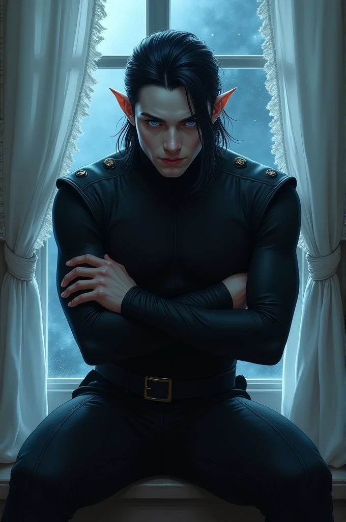 1 man, Imposing Man,black tight military clothing. pointy ears. Shoulder length black hair with only the top part pulled back behind her head. blue eyes. fae. pale white skin. Digital art. Sitting on the edge of a window with the night in the background, White curtains fluttering in the night wind, arms crossed on chest, attractive and dangerous young man, dark and tense atmosphere, dim lighting