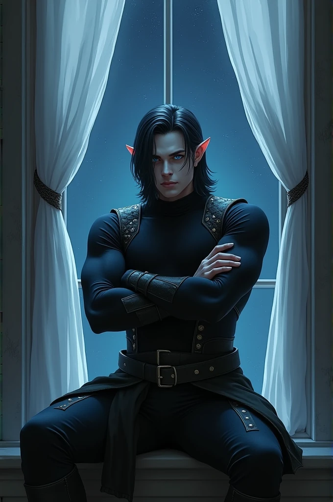 1 man, Imposing Man,black tight military clothing. pointy ears. Shoulder length black hair with only the top part pulled back behind her head. blue eyes. fae. pale white skin. Digital art. Sitting on the edge of a window with the night in the background, White curtains fluttering in the night wind, arms crossed on chest, attractive and dangerous young man, dark and tense atmosphere, dim lighting 