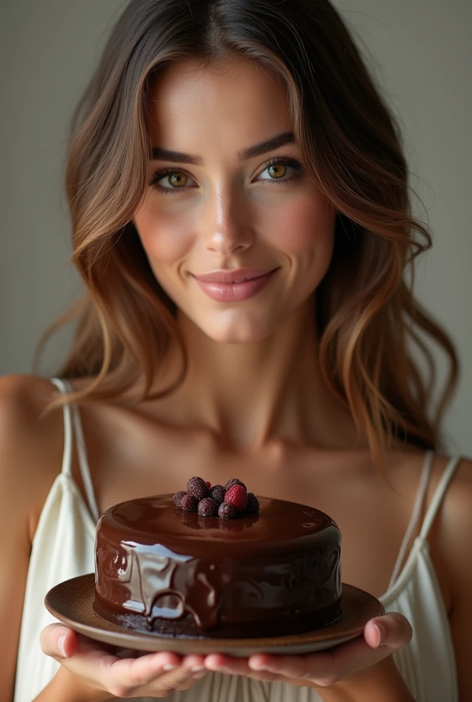 beautiful model, fashion , shine, making ads for chocolate cake, studio, RAW photo, best photograph, creative , focus on the product, high quality , high details, best lighting, Ads