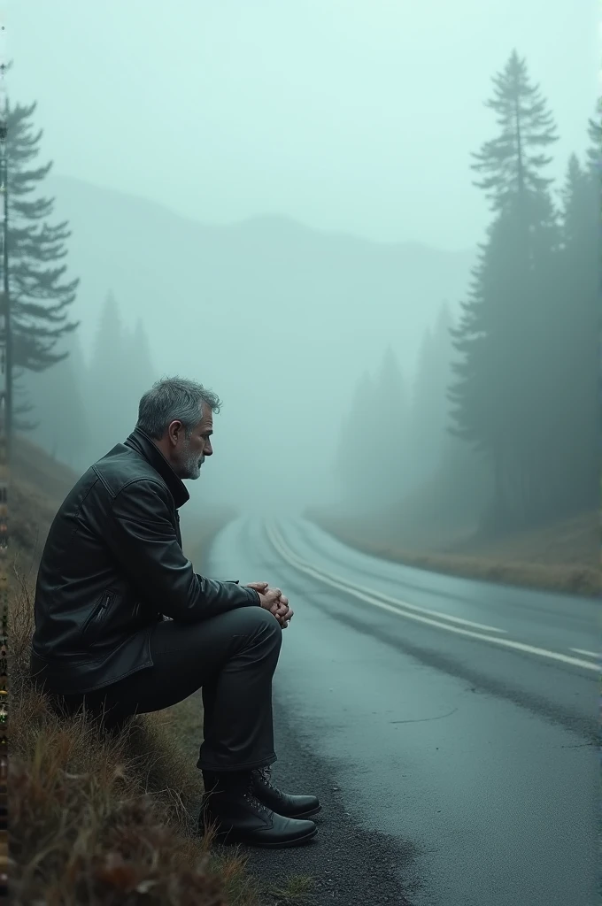 Create an image of a man sitting on the side of a foggy road