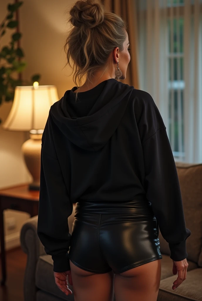 black woman hair in a bun black hoodie black leather short shorts getting fucked in the ass by a old age white grandma in a dress in a living room