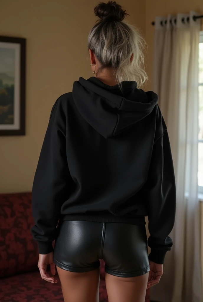 black woman hair in a bun black hoodie black leather short shorts getting fucked in the ass by a old age white grandma in a dress in a living room
