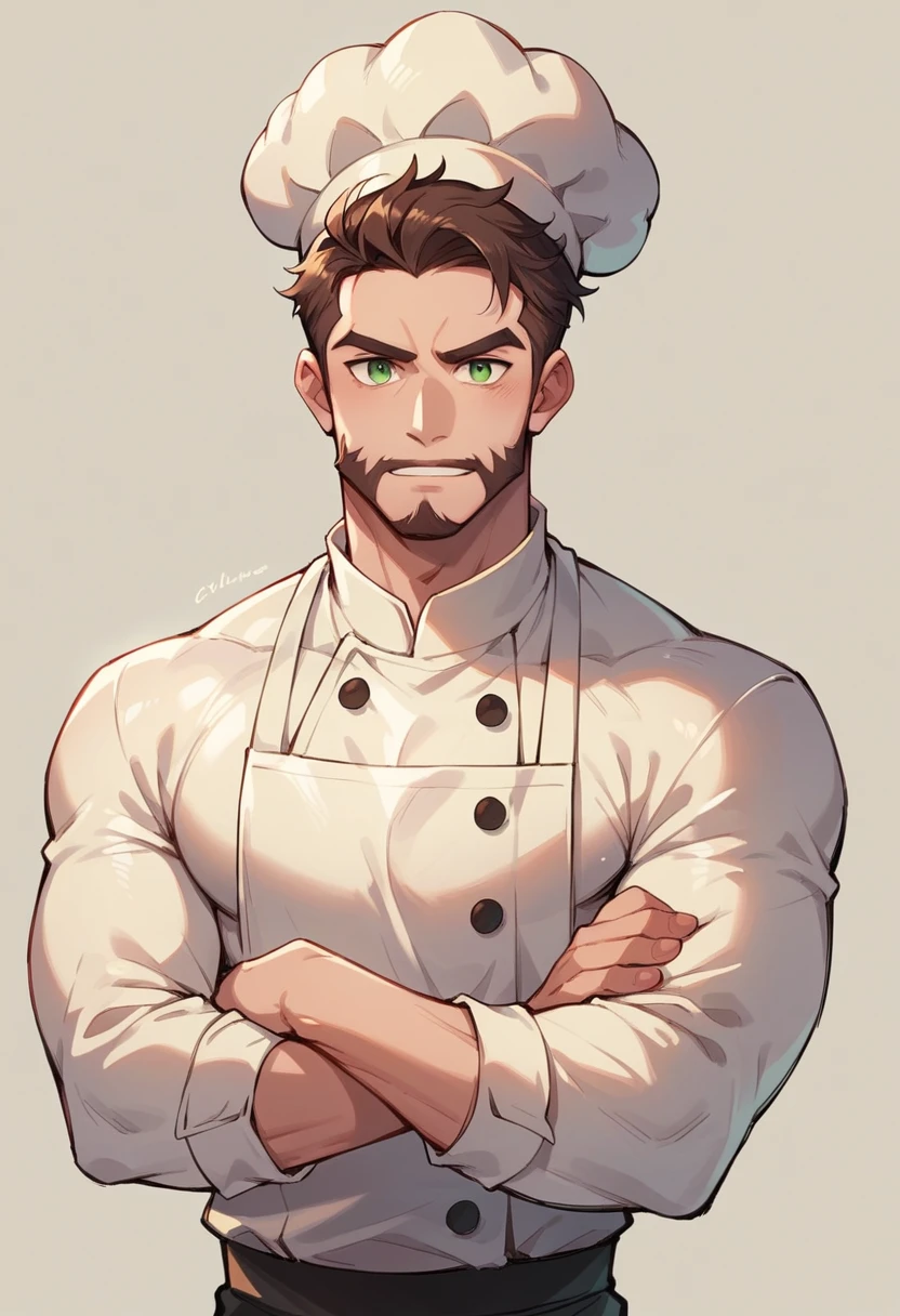 Create a cartoon character chef kid pastry chef dreamer, A man with green eyes, brown hair and red beard with pokemons around