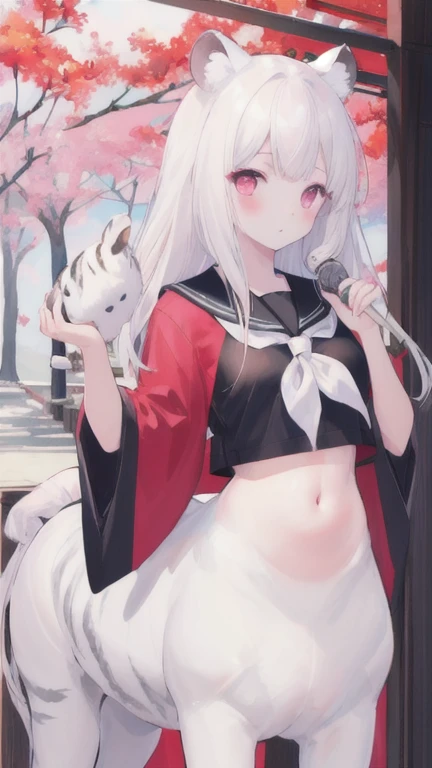 (best quality, masterpiece), 1 girl, centaur, I beg, White skin, Japanese schoolgirl, black pink, exposing the abdomen, belly button t-shirt , Beautiful girl perfect white tiger photo, Perfect kids photo