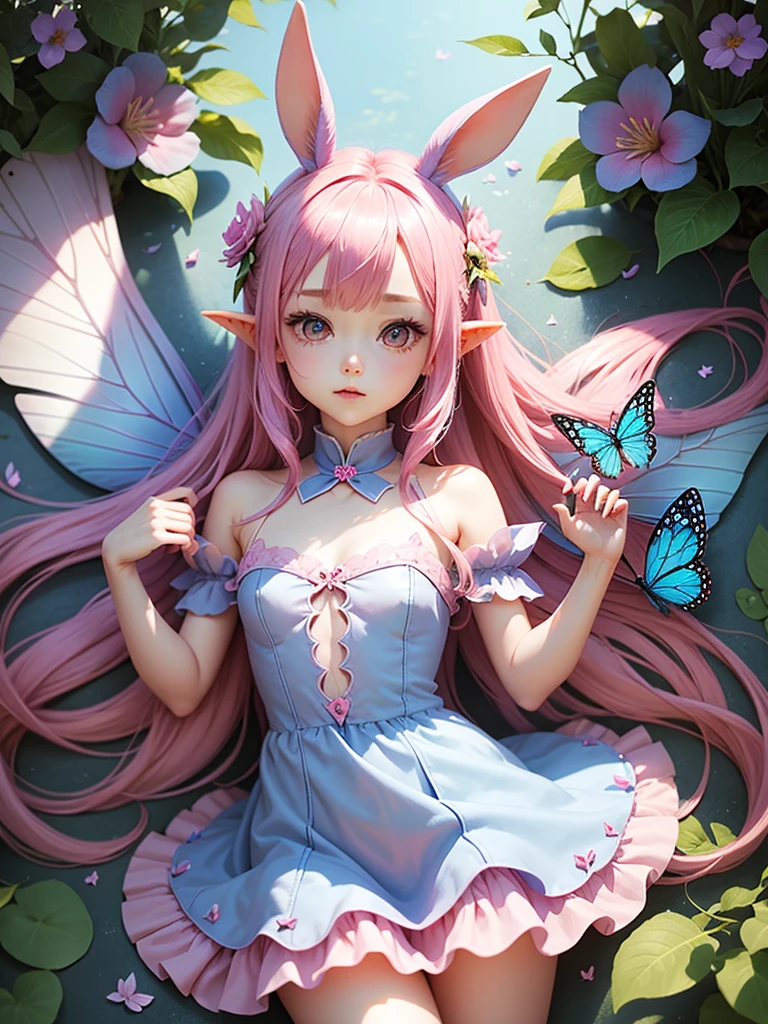 cute little Fairy, blue butterfly, pinkl hair, pink eyes, pink dress pointy ears dress made of petals leaves微笑む, Very long hair, Long pointed ears,Bunny ears, flower、leaf