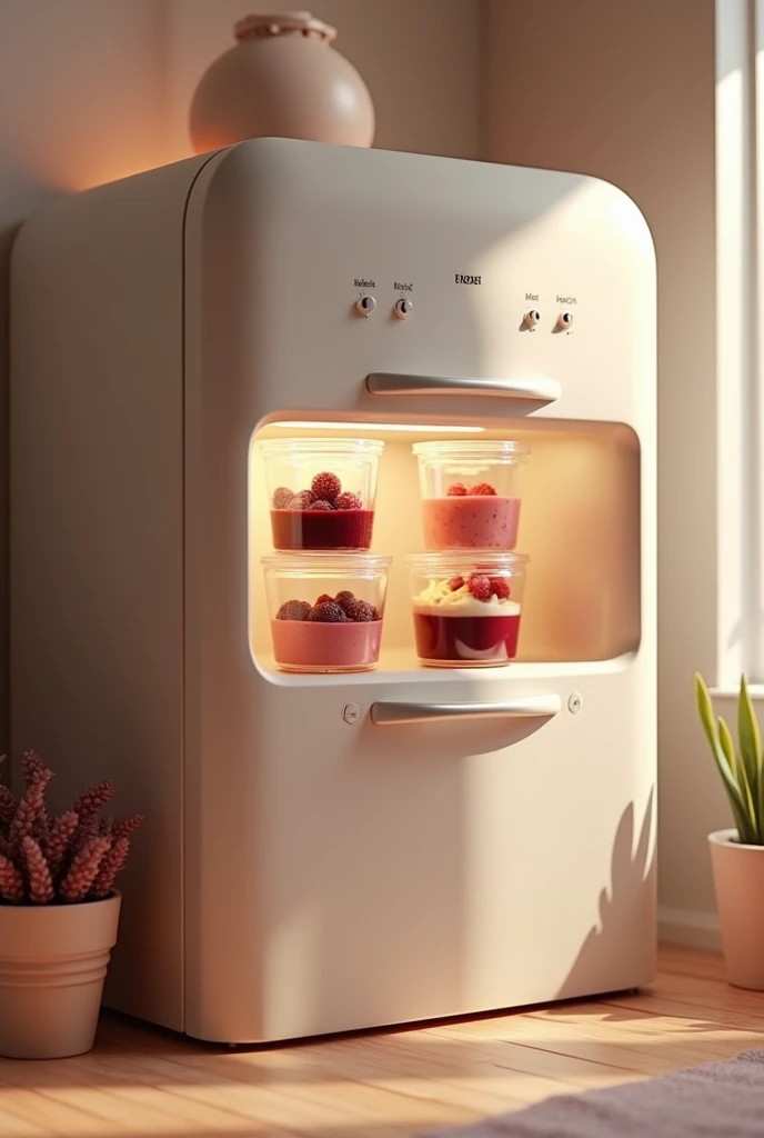 A simple refrigerator with blackberry and gooseberry desserts in plastic containers