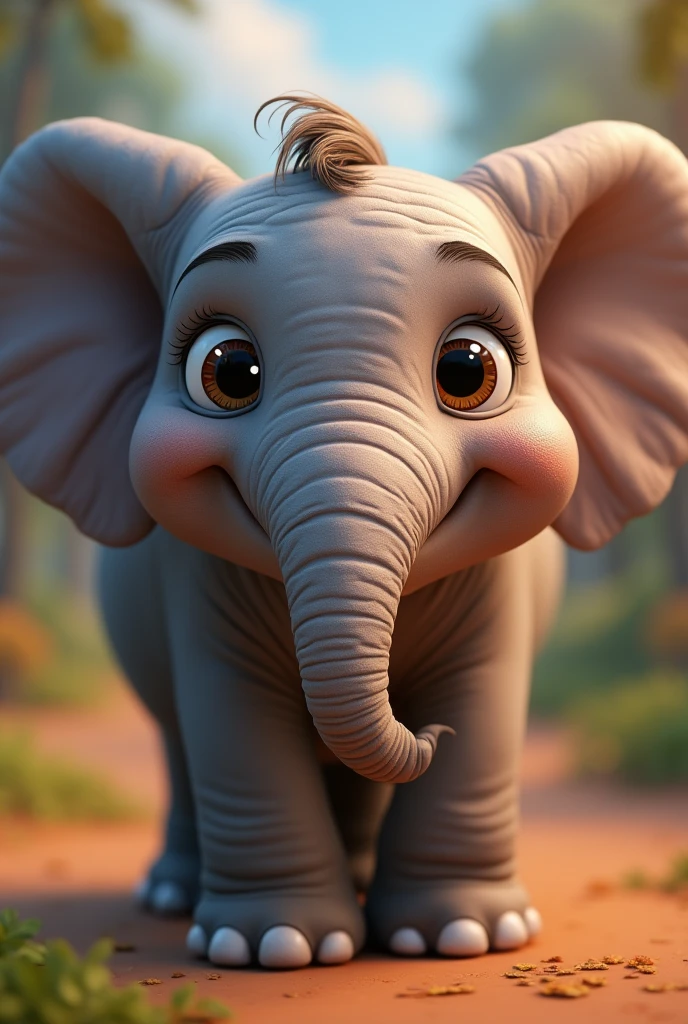Create a close-up image of an adorable Elephant smiling, facing the camera with a zoomed-in perspective. The animal should have a cute and expressive face, resembling the animation style of Pixar by Disney, with large, shiny eyes and a joyful smile. The background should be blurred to emphasize the animal's face. Each animal should appear friendly and endearing, with soft fur or feathers and bright, cheerful colors."
