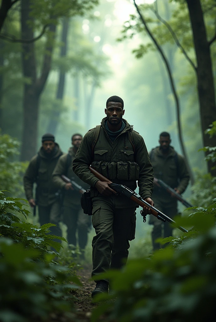 There was a group of 5 men walking into the forest, each carrying a hunting gun.There was a leader who was a black man with short hair walking in front of everyone.