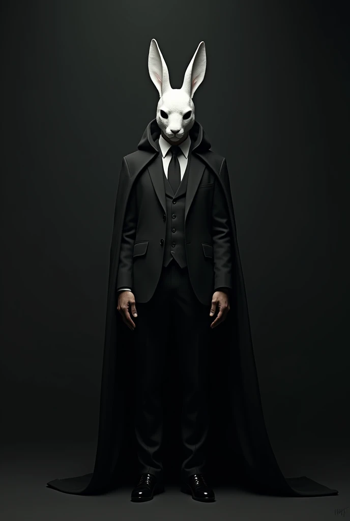 A man in a suit wearing a white rabbit mask with a dark atmosphere and no background
