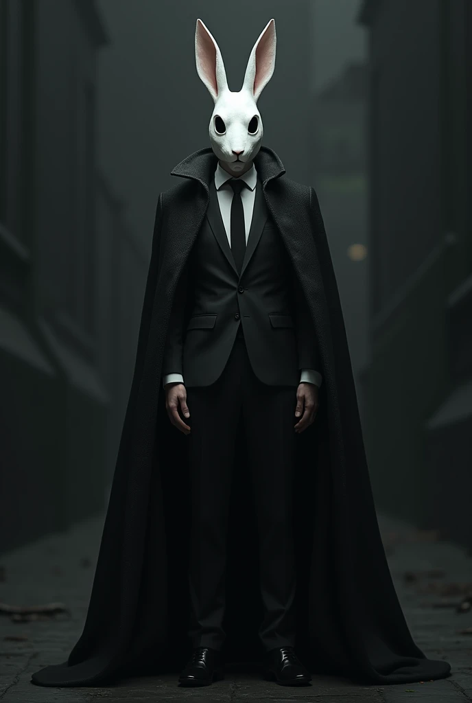 A man in a suit wearing a white rabbit mask with a dark atmosphere and no background