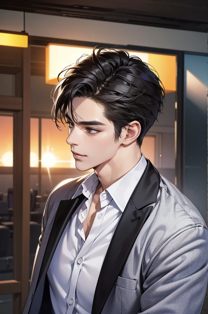 (best quality,4k,8k,highres,masterpiece:1.2),ultra-detailed,(realistic,photorealistic,photo-realistic:1.37),30 year old man,handsome anime,portraits,strong,masculine, black hair,sharp jawline,mesmerizing brown eyes,perfectly styled hair,short hair, cool anime outfit,confident expression,vibrant colors,dynamic lighting,smile lips, business suit. Half body potrait. Office hall background