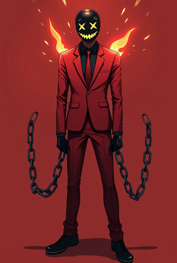 Have an anime character wear a red suit and a black mask on their face with a smiley face drawn on the mask and have the character have chains on their hands and legs, and chains are tied to each corner with fire coming out of the character's eyes.