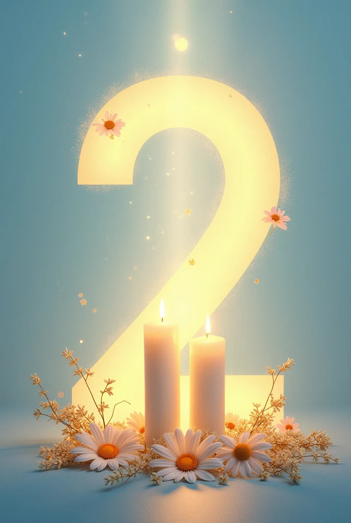 Create an image divided into two parts that complement each other. At the center, Highlight the number "2" stylised, with a slight glow around. Design should include Catholic elements, like two lit candles, symbolizing unity and faith, placed next to the number "2". Add delicate details like small flowers or stars around the candles, reinforcing the idea of duality and partnership. The background must be harmonious, using soft shades of sky blue and gold, creating a sense of continuity from the first month. Each half of the image should be meaningful in its own right., But Together, they reveal the connection and harmony between the two.