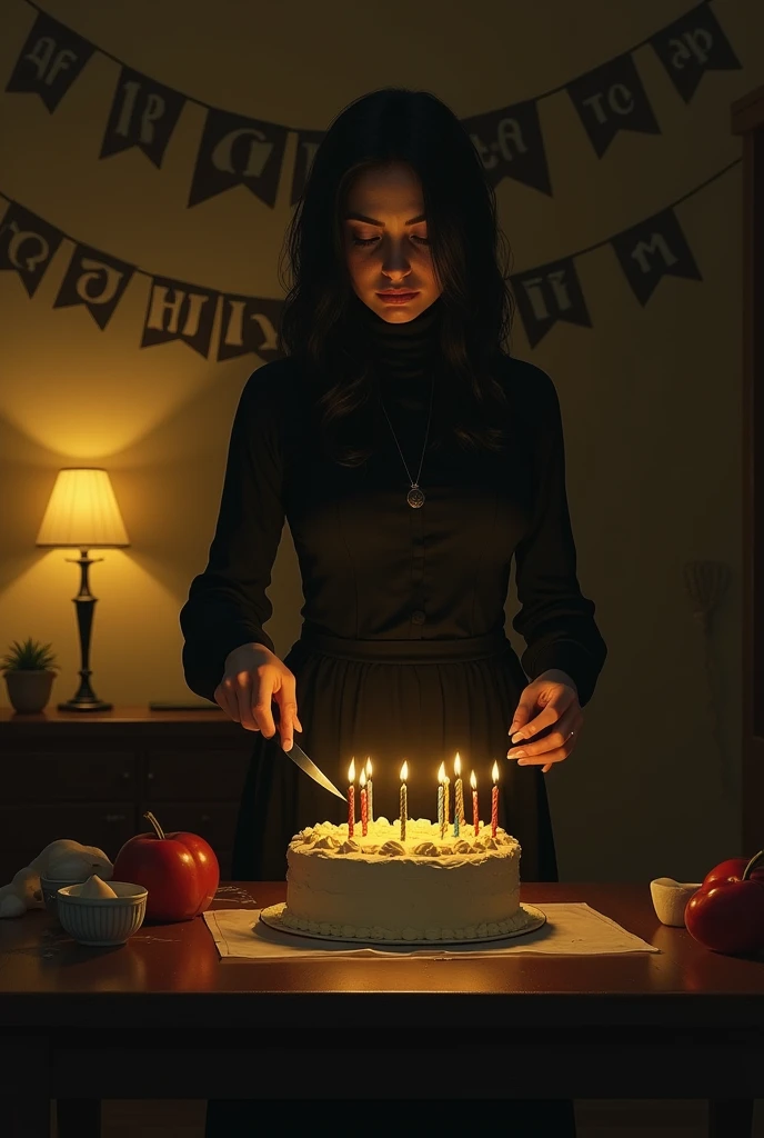 The women celebrate his birthday (alone) and his cutting his birthday cake with small knife and hia face full of sadness and his background banner like a " haply birthday to me" and his waring a black dress and covered neck and full sleeve and his in a dark room with some warm yellow light. And on the cake 20 latter number candle.