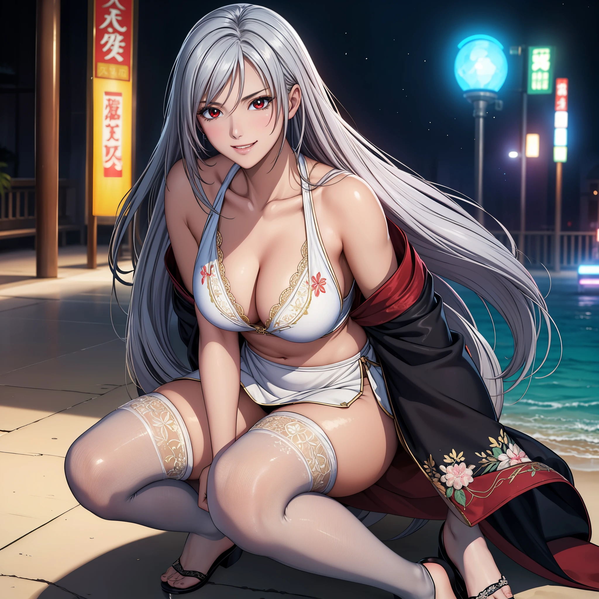 (masterpiece, best quality, beautiful and aesthetic:1.3), Elegant mature woman, 1woman, ((full body)), long hair, bright silver hair, (small breast:1.0), red eyes with slit pupils, sparkle in the eyes, (Wearing Fluorescent fabric:harem outfit,Suzhou embroidery technique:Lace sequin cloak woven from feathers), Dressed like Norse Goddess,looking at the viewer, small details, detailed face, in the dark, deep shadow, discreet key, Pure erotic face ace_V1, beach, light smile, embarrassed,