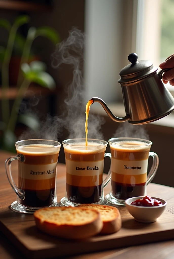 Moccapot brew coffee on to a three-layered cups. Each cup has a name printed on it says Kintat-Abol Kintat-Bereka and Kintat-Tonana. With full of coffee steam in the air. Toasted bread and jam spread on it.