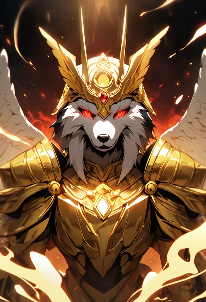 solo, god, golden aura, b glowing eyes, god eyes, no eyeball, beautiful color, golden armor, golden wing, dog head, egypt god, red eyes, furry
