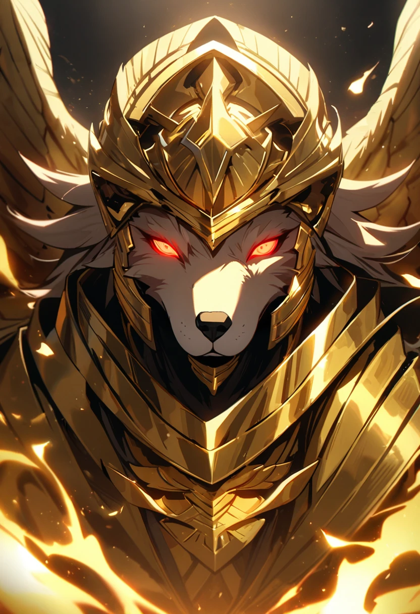 solo, god, golden aura, b glowing eyes, god eyes, no eyeball, beautiful color, golden armor, golden wing, dog head, egypt god, red eyes, furry