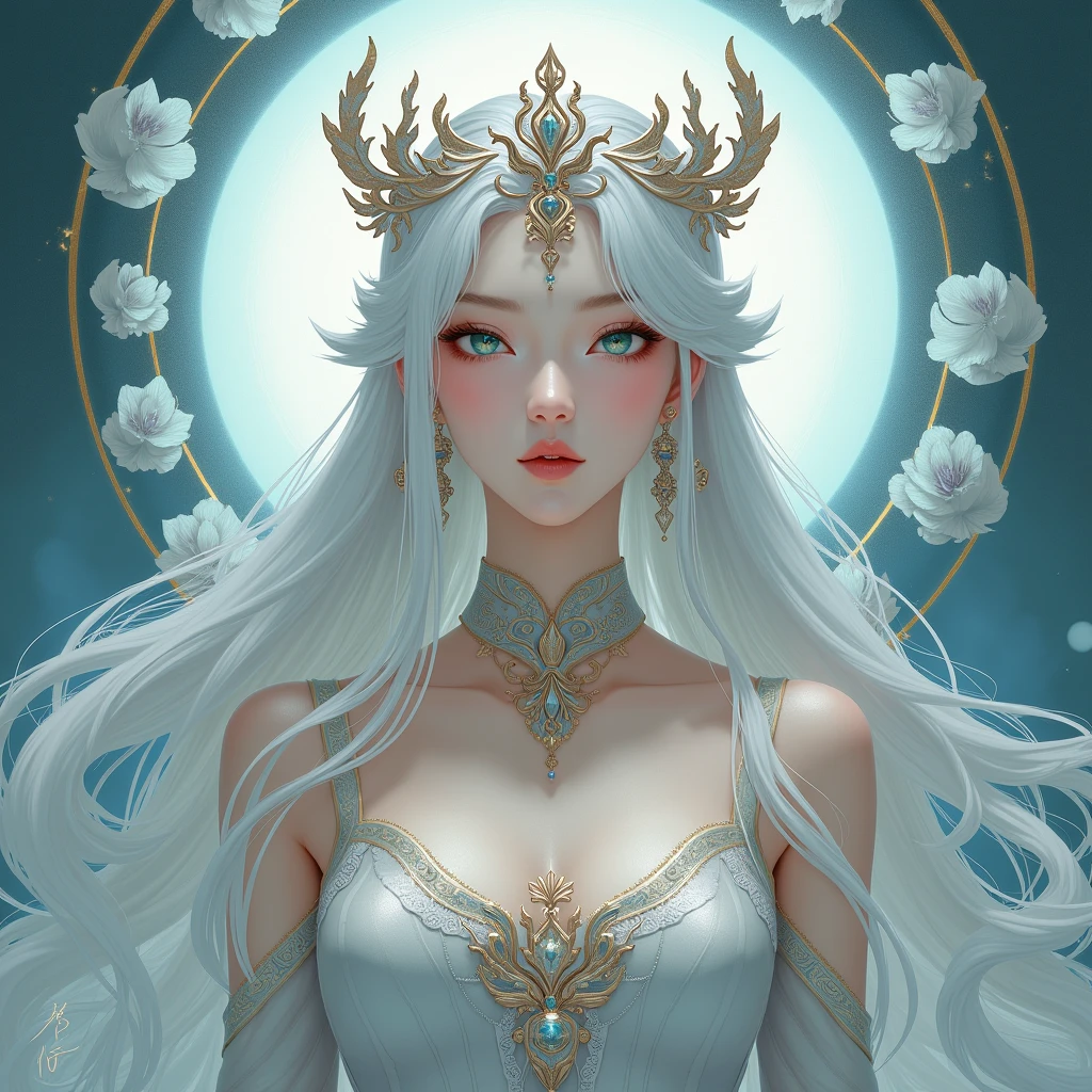 a woman with white hair and a crown on her head, by Lü Ji, beautiful fantasy art portrait, fantasy portrait art, beautiful fantasy portrait, cgsociety 9, symmetrical portrait rpg avatar, by Pu Hua, anime fantasy artwork, wlop painting style, epic fantasy art portrait, sage ( valorant ), fantasy character, by Li DiMasterpiece, Anatomically Correct, Best Quality, High Details, Super Detailed, UHD, High Quality, High Details, Anime Style, OP Art, Realism, 