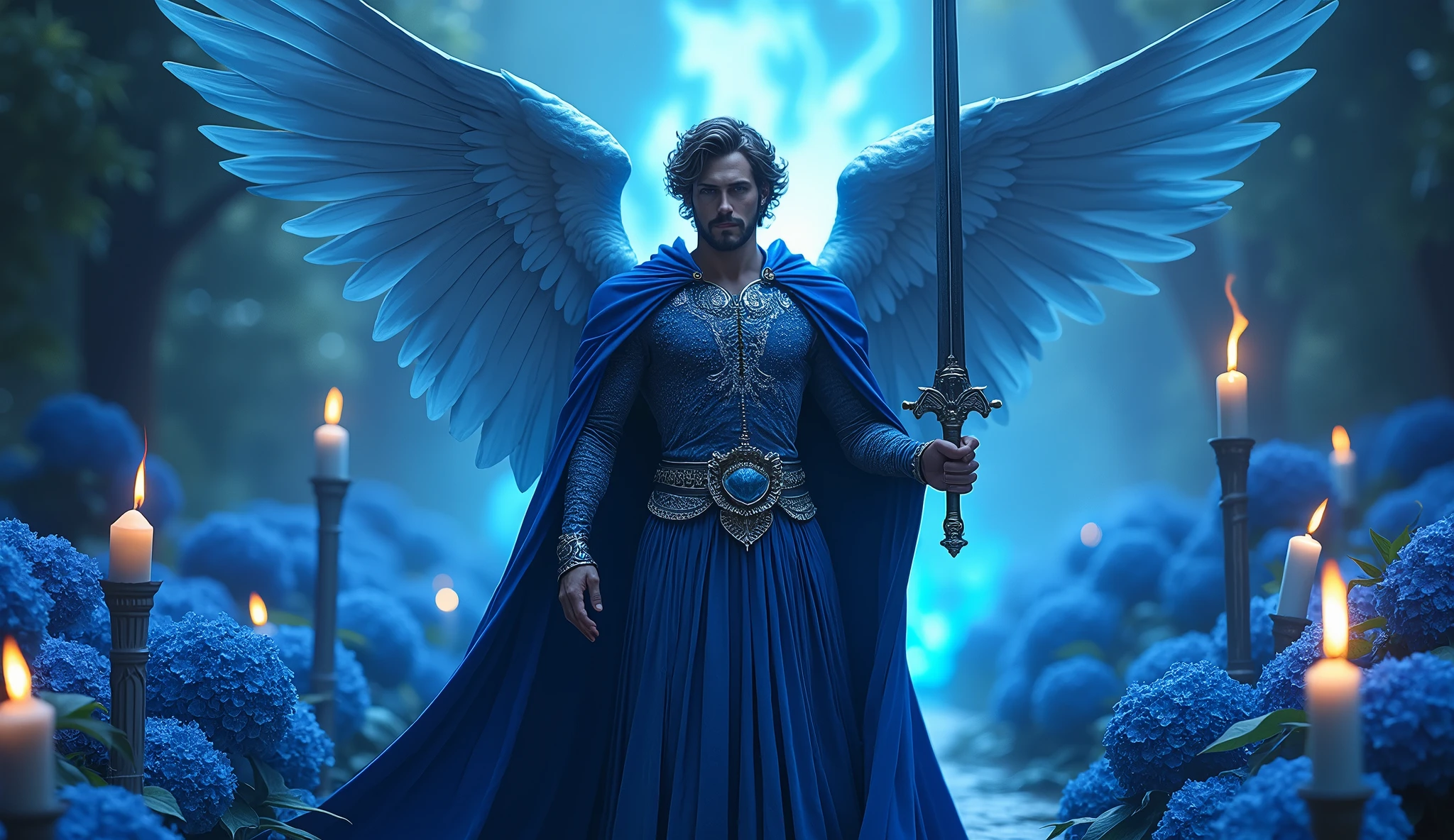 ultra realistic image of archangel michael chic velvet tunic and blue cape, with his blue flame sword, many blue candles lit, blue kyanite crystals,, convey depth, in the background a garden of blue hydrangeas and a blue bonfire