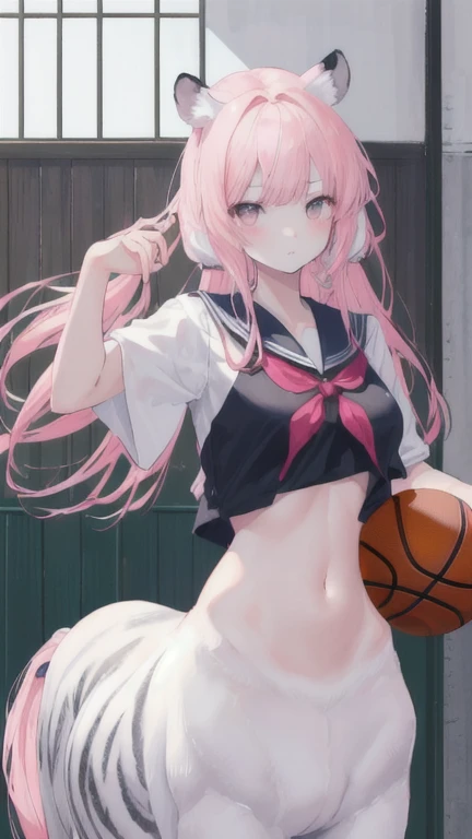 (best quality, masterpiece), 1 girl, centaur, I beg, White skin, Japanese schoolgirl, black pink, exposing the abdomen, belly button t-shirt , Beautiful girl perfect white tiger photo, Perfect Basketball Player Photo