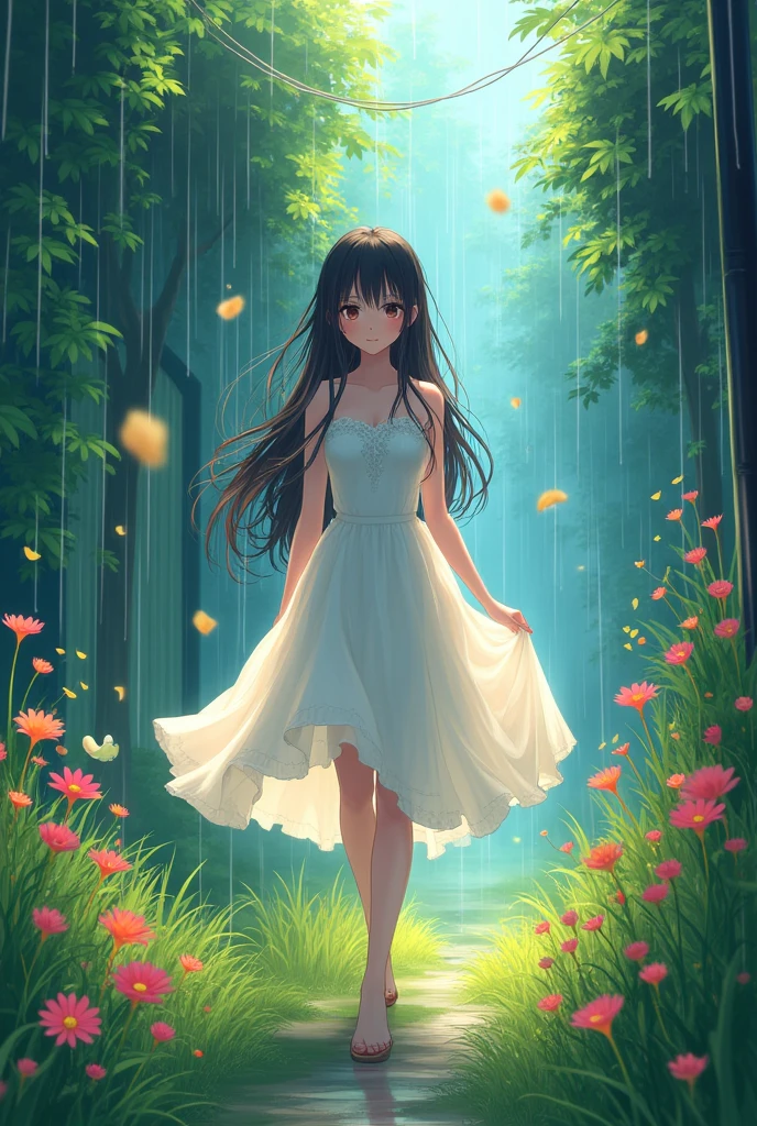 rain,bright,woman,White dress,Grass,Alley,Fantasy,Colorful,Anime Style,Makoto Shinkai style