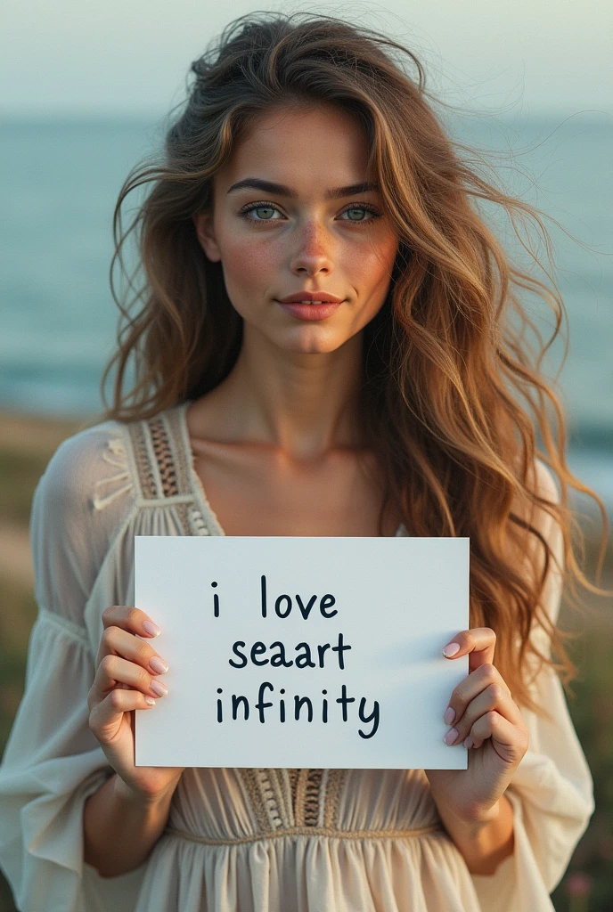 Beautiful girl with wavy long hair, bohemian dress, holding a white board with text "I Love Seaart Infinity" and showing it to the viewer