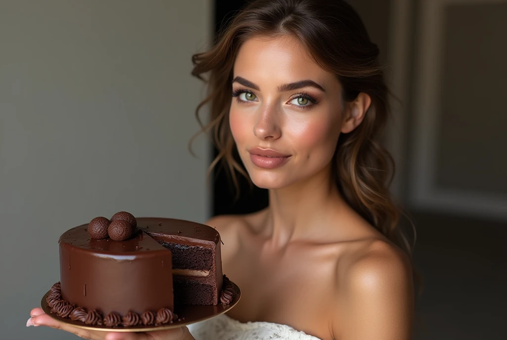 beautiful model, fashion , shine, making ads for chocolate cake, studio, RAW photo, best photograph, creative , focus on the product, high quality , high details, best lighting, Ads