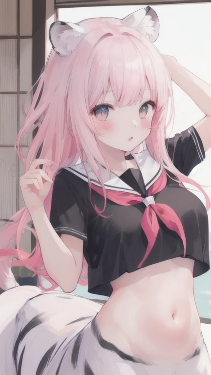 (best quality, masterpiece), 1 girl, centaur, I beg, White skin, Japanese schoolgirl, black pink, exposing the abdomen, belly button t-shirt , Beautiful girl perfect white tiger photo, Perfect kids photo