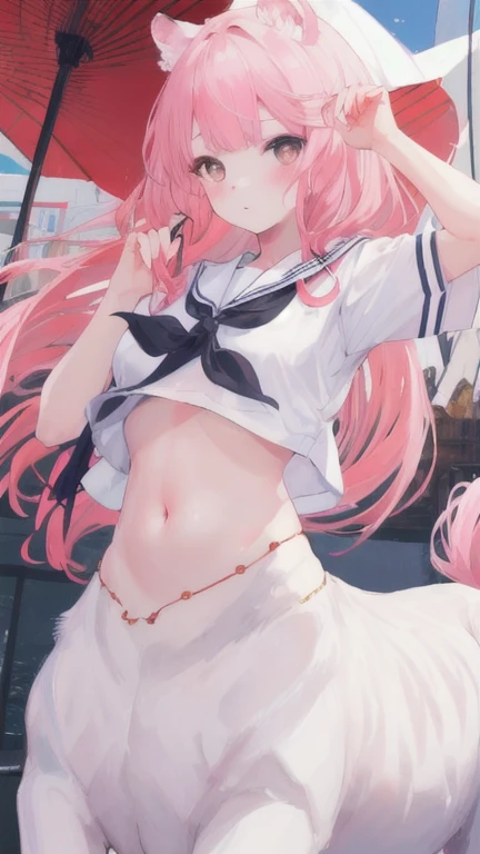 (best quality, masterpiece), 1 girl, centaur, I beg, White skin, Japanese schoolgirl, black pink, exposing the abdomen, belly button t-shirt , Beautiful girl perfect white tiger photo, Perfect kids photo