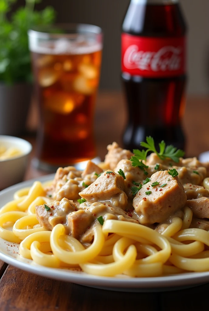Make a plate of chicken stroganoff with a coke on the side